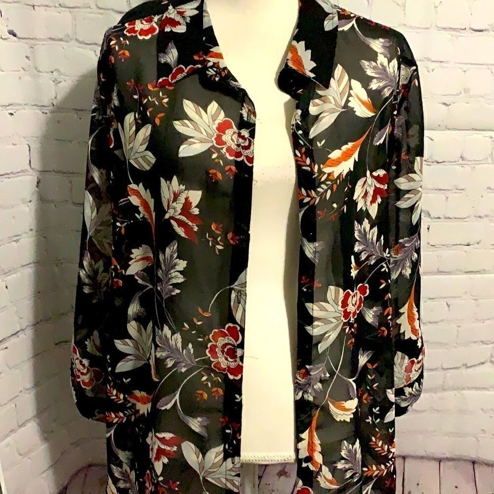 Simply Emma - Black Orange White Pattern - Sheer Blouse - 1X